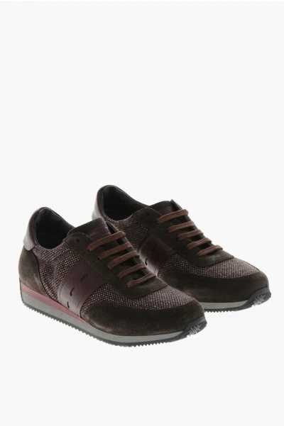 Corneliani Id Leather And Fabric Low-top Sneakers With Suede Details In Brown