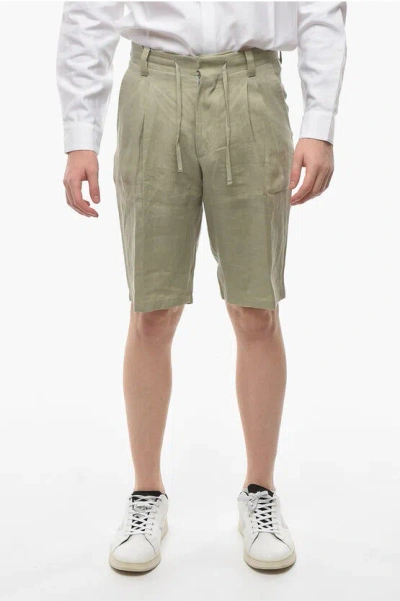 Corneliani Id Linen Double-pleated Shorts With Waist Drawstring