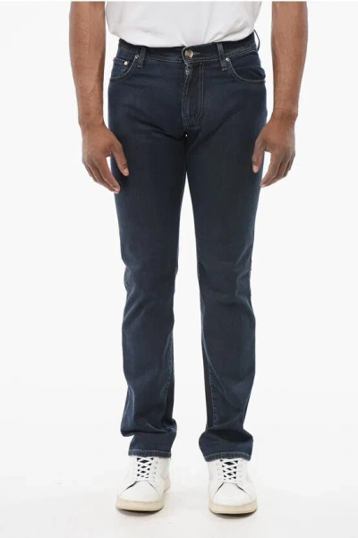 Corneliani Id Luxury Denim Dark-washed Denims With Ton-sur-ton Embroide In Blue