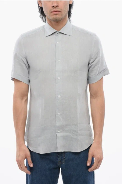 Corneliani Id Short-sleeved Linen Shirt With Spread Collar In Gray