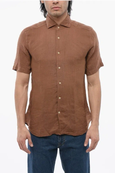 Corneliani Id Short-sleeved Linen Shirt With Spread Collar In Brown