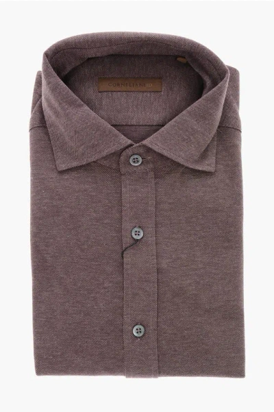 Corneliani Id Spread Collar Hopsack Cotton Shirt In Brown