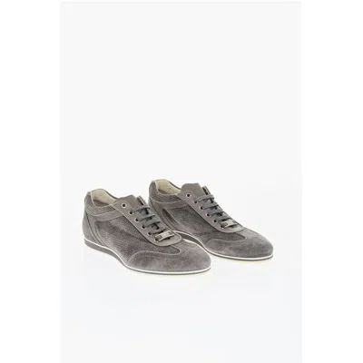Corneliani Id Suede Low Top Sneakers With Perforated Inserts In Gray