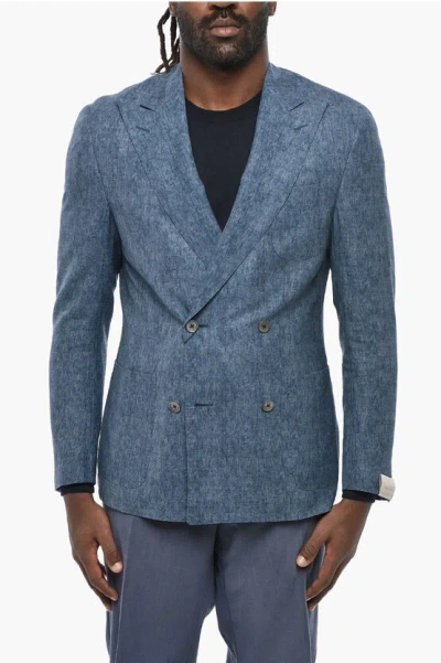 Corneliani Irgin Wool Silk And Linen Gate Double Breast Pockets Blazer In Blue