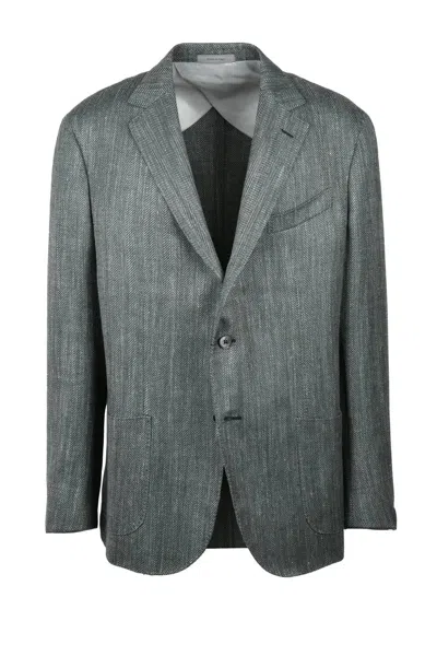 Corneliani Jacket Wool Silk Linen - Sage Green In Gray