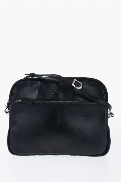 Corneliani Leather Crossbody Bag With Outer Pocket In Black