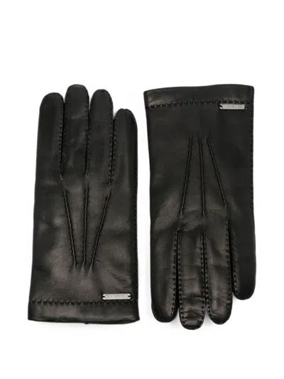 Corneliani Leather Gloves With Logo Plaque In Black