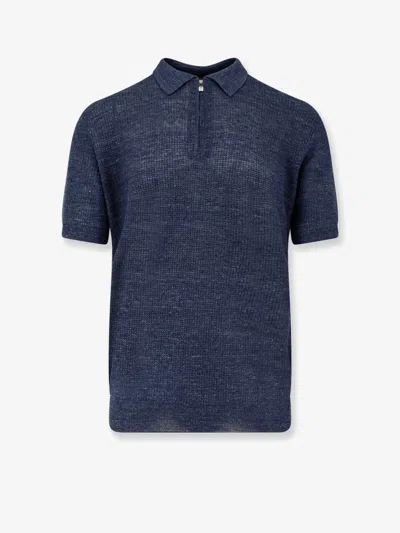 Corneliani Linen And Silk Blend Polo Shirt In Blue
