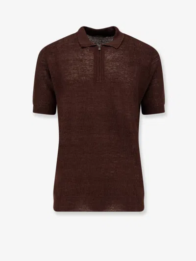 Corneliani Linen And Silk Blend Polo Shirt In Brown