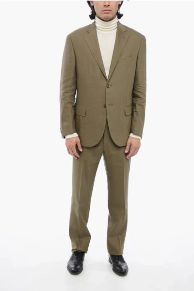 Corneliani Linen Blend Side Vents Notch Lapel Leader Soft 2-button Suit In Green