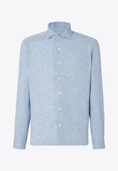 Corneliani Linen Long-sleeved Shirt In Blue