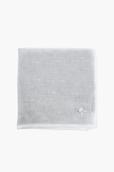 Corneliani Linen Pocket Square With Printed Logo In Gray