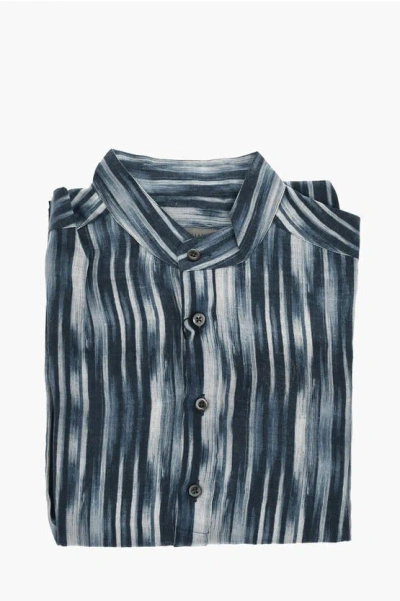Corneliani Linen Printed Shirt With Mandarin Collar In Multi