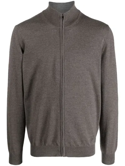 Corneliani Logo-embroidered Virgin-wool Cardigan In Brown