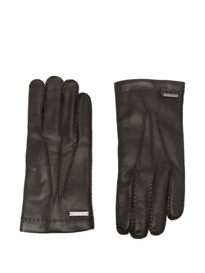 Corneliani Logo-plaque Whipstitch-trim Gloves In Brown