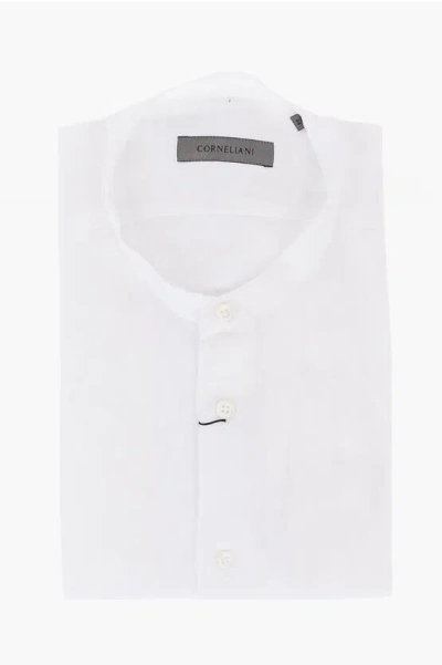 Corneliani Mandarin Collar Pure Linen Shirt In White