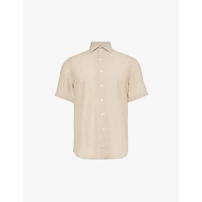 Corneliani Mens Beige Short-sleeved Point-collar Linen Shirt