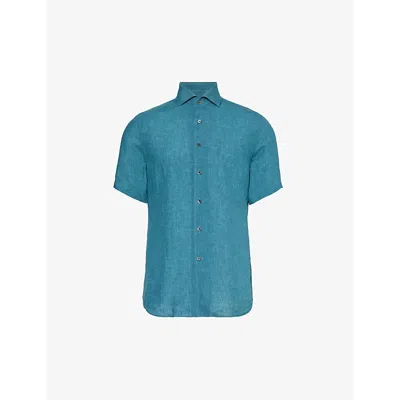 Corneliani Mens Green Curved-hem Cutaway-collar Classic-fit Linen Shirt