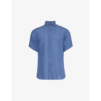 Corneliani Mens Light Blue Curved-hem Cutaway-collar Classic-fit Linen Shirt