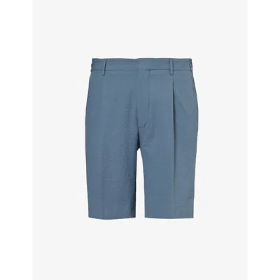 Corneliani Mens Pale Blue Seersucker Mid-rise Cotton Shorts