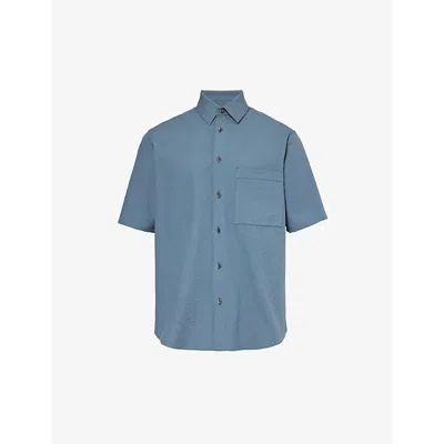 Corneliani Mens Pale Blue Seersucker-textured Regular-fit Cotton Shirt