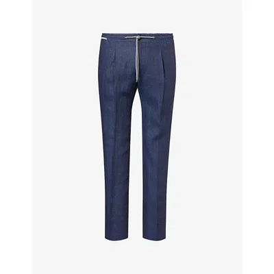 Corneliani Mens Blue 005 Pleated Drawstring Linen Trousers