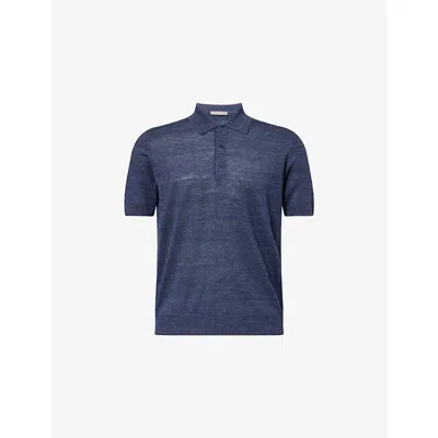 Corneliani Mens Blue 005 Short-sleeve Linen And Silk-blend Polo Shirt