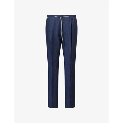 Corneliani Mens Blue 005 Straight-leg Drawstring Linen Trousers