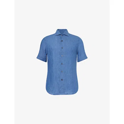 Corneliani Mens Short-sleeve Logo-embroidered Linen Shirt Blue 006