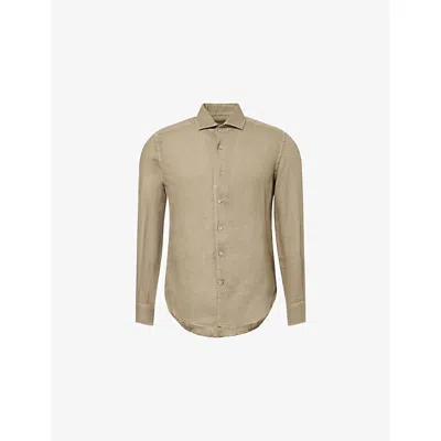 Corneliani Mens Brown Long-sleeve Pointed-collar Linen Shirt In Neutral
