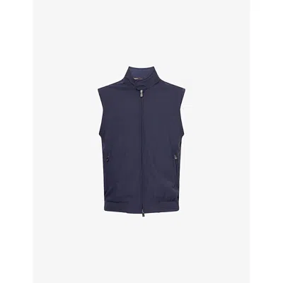 Corneliani Mens  Band-collar Regular-fit Stretch-wool Blend Gilet In Blue