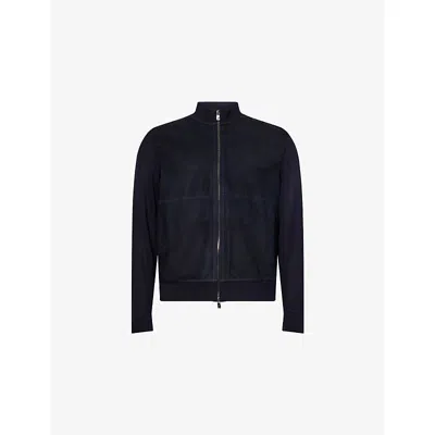 Corneliani Mens  Contrast-knit Regular-fit Suede Jacket In Blue