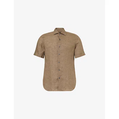 Corneliani Mens Short-sleeve Logo-embroidered Linen Shirt Brick Brown