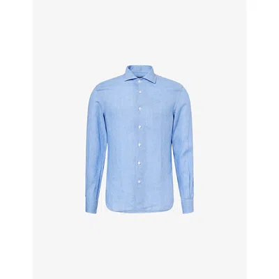 Corneliani Mens Regular-fit Logo-embroidered Linen Shirt Dark Ceruole Blue