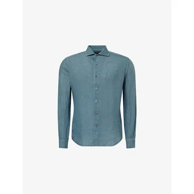 Corneliani Mens Dark Ceruole Bright Long-sleeve Linen Shirt In Blue