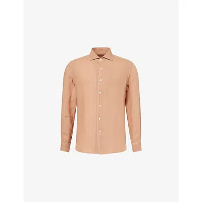 Corneliani Mens Regular-fit Logo-embroidered Linen Shirt Dark Orange Coloured