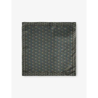 Corneliani Mens Green Coloured 050 Branded Monogram Silk Pocket Square