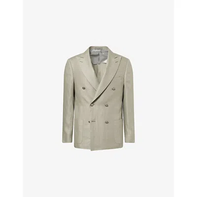 Corneliani Mens Green Coloured 053 Double-breasted Peak-lapel Linen Jacket In Gray