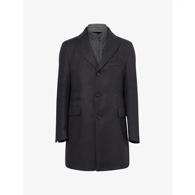 Corneliani Mens Grey Melange Antracite Herringbone Removable-bib Wool Overcoat In Black