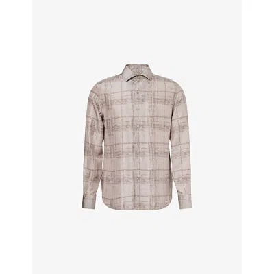 Corneliani Mens Natural / Beige 033 Check-pattern Long-sleeve Silk Shirt In Brown