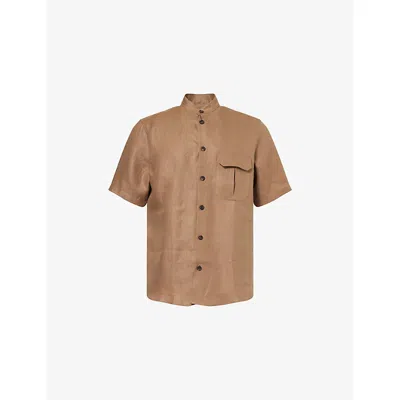 Corneliani Mens Natural / Beige 034 Guru-collar Short-sleeve Linen Shirt