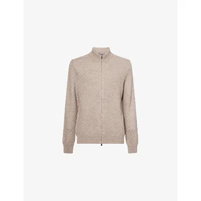 Corneliani Mens Ribbed-neck Knitted Alpaca And Silk Cardigan Natural / Beige 034 In Neutral