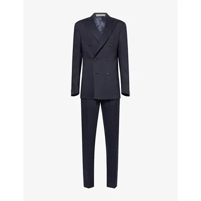 Corneliani Mens Navy Blue Academy Double-breasted Linen-blend Suit In Black