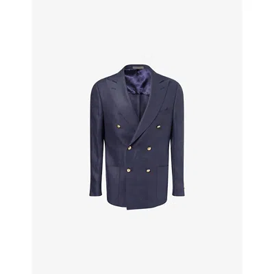 Corneliani Mens  Double-breasted Peak-lapel Linen Jacket In Blue