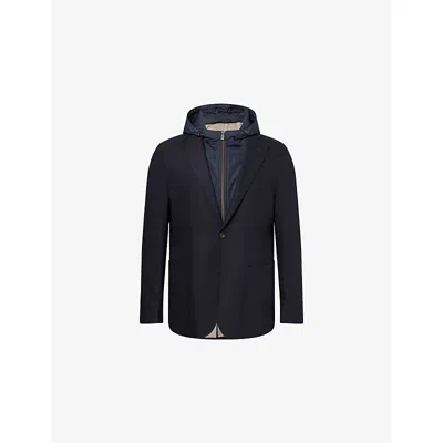 Corneliani Mens Navy Blue Hooded Long-sleeve Wool-cashmere Blend Jacket