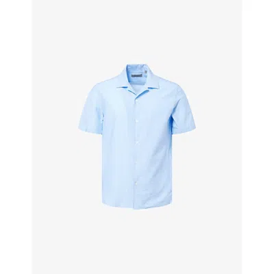 Corneliani Mens Navy Blue Seersuk Camp Short Sleeve Cotton Shirt