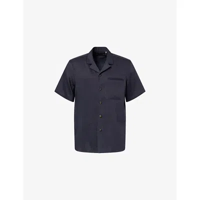Corneliani Mens Navy Blue Short-sleeve Wool And Linen-blend Shirt