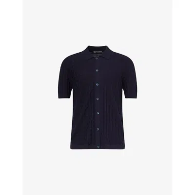 Corneliani Mens Navy Blue Square Textured Cotton Polo Shirt