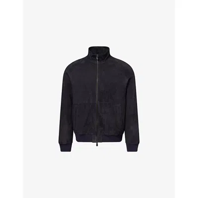Corneliani Mens Navy Blue Stand Collar Raglan-sleeve Suede Bomber Jacket