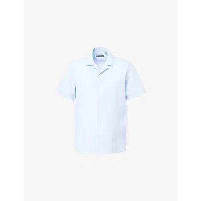 Corneliani Mens Sky Blue Seersuk Camp Short Sleeve Cotton Shirt